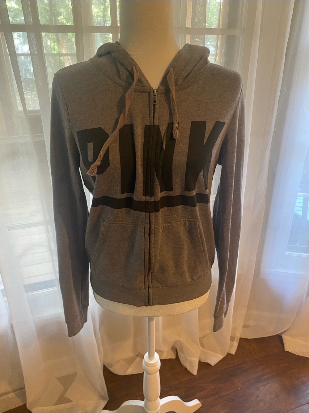PINK Victoria's Secret Gray Full-Zip Hoodie with Black Logo